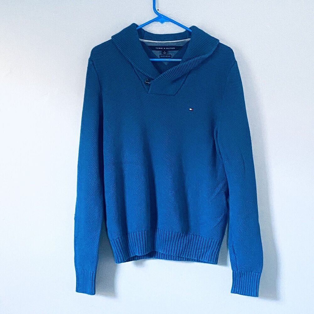 Tommy Hilfiger Sweater Mens Medium Blue Shawl Collar Pima Cotton Merino Wool